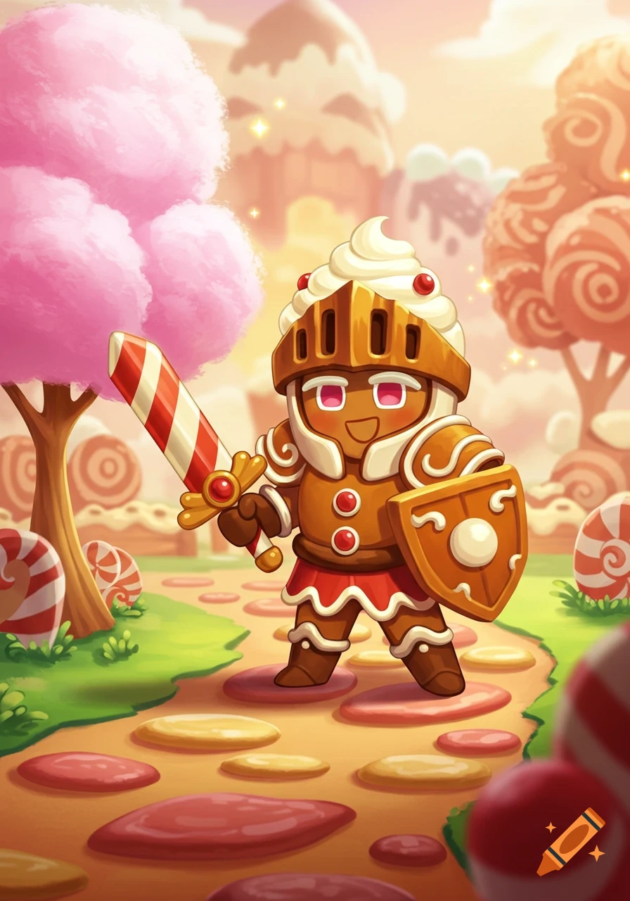 A cute gingerbread knight with a whipped cream helmet, candy cane sword, and shield stands in a vibrant candy land.