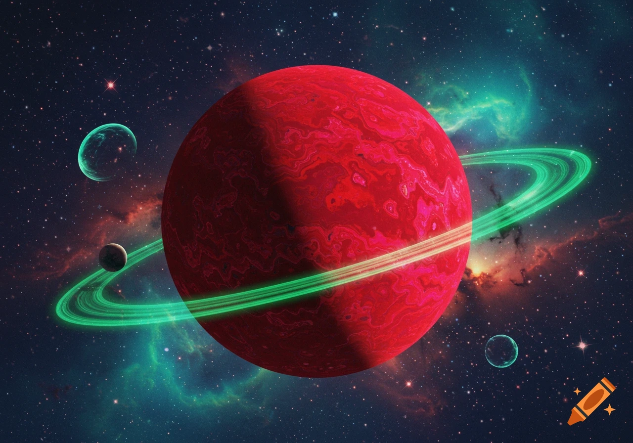 A psychedelic red planet with glowing green rings in a surreal cosmic space with colorful nebulae and stars.