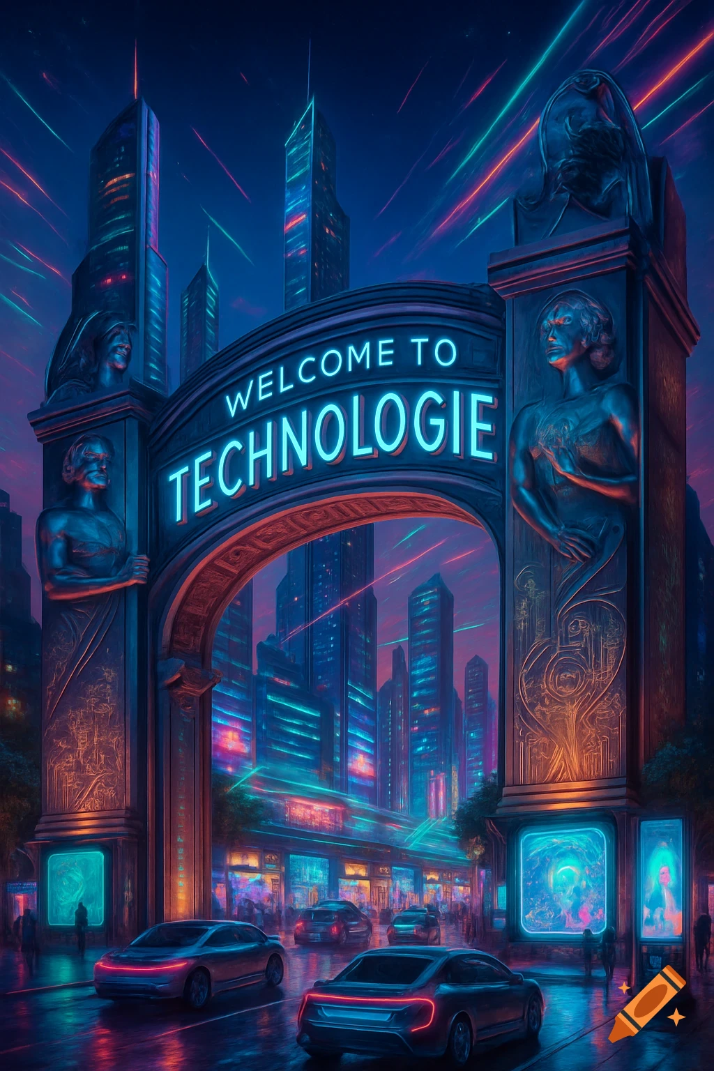 Vibrant neon-lit futuristic city at night, with an archway sign reading 'WELCOME TO TECHNOLOGIE' over a street with sleek cars.
