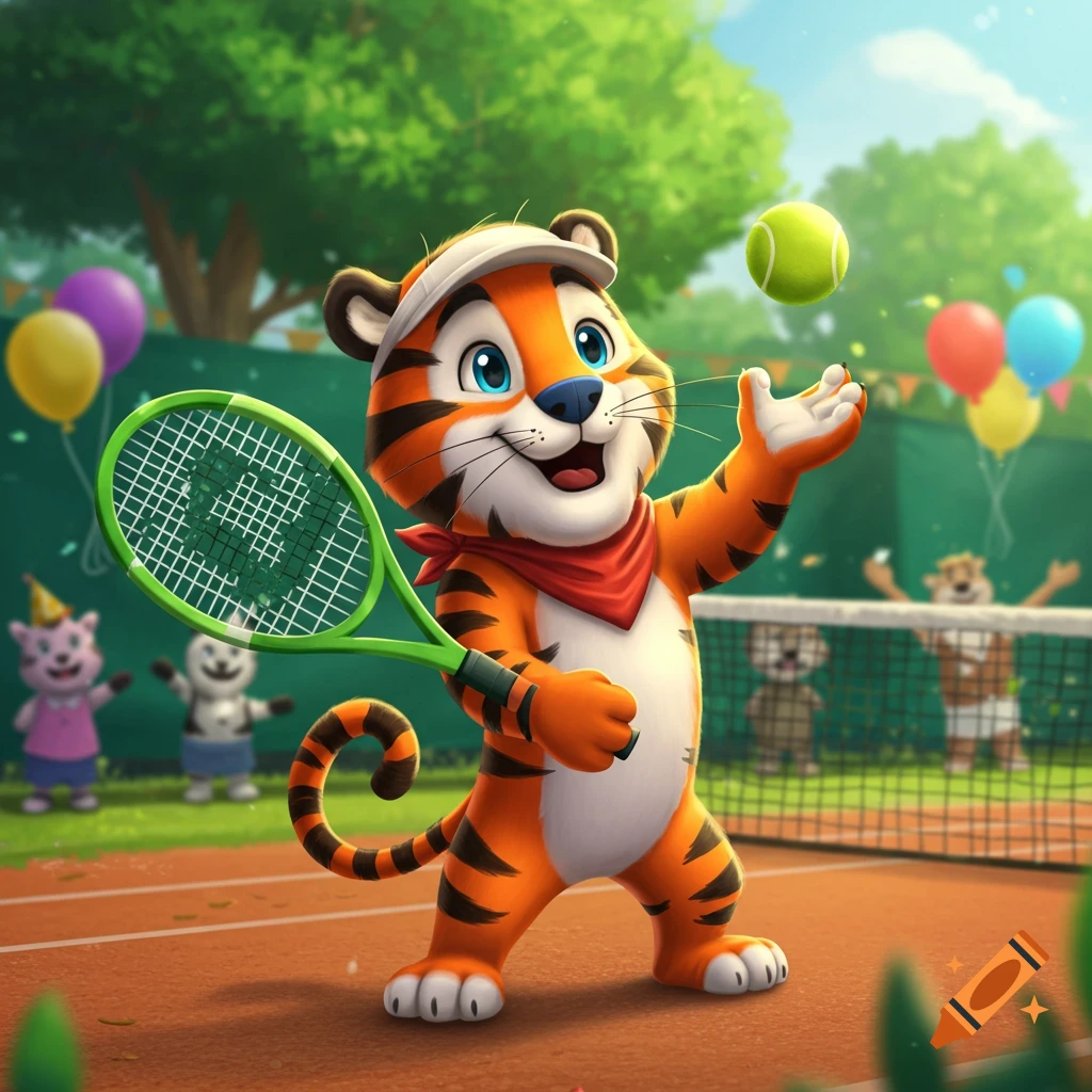 A cute cartoon baby tiger resembling Tony the Tiger, wearing a visor and bandana, holding a tennis racket on a clay court with a tennis ball in the air. Other cartoon animals are in the background.