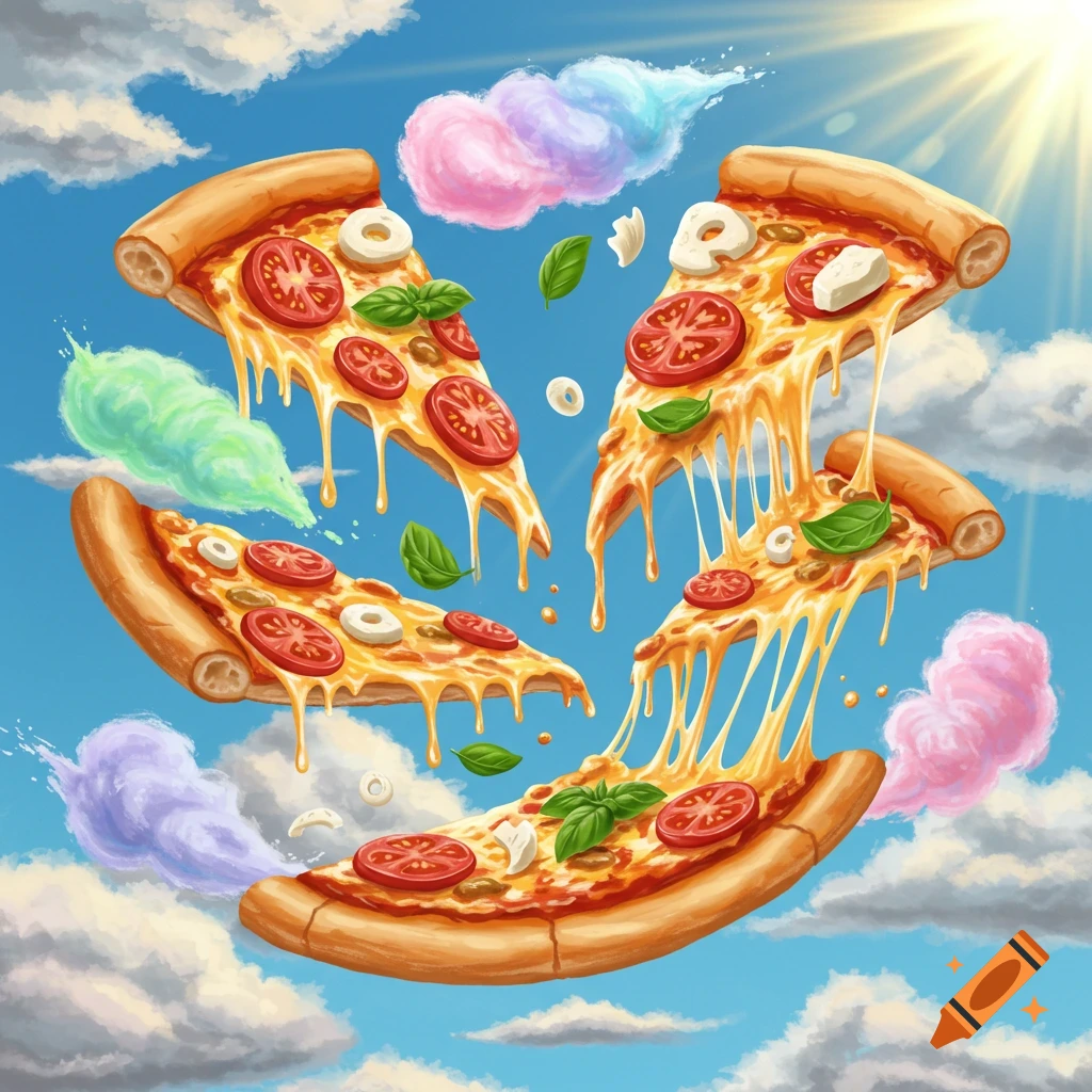 Vibrant illustration of multiple pizza slices with melting cheese, tomatoes, and basil floating in a sunny blue sky with cartoonish clouds.