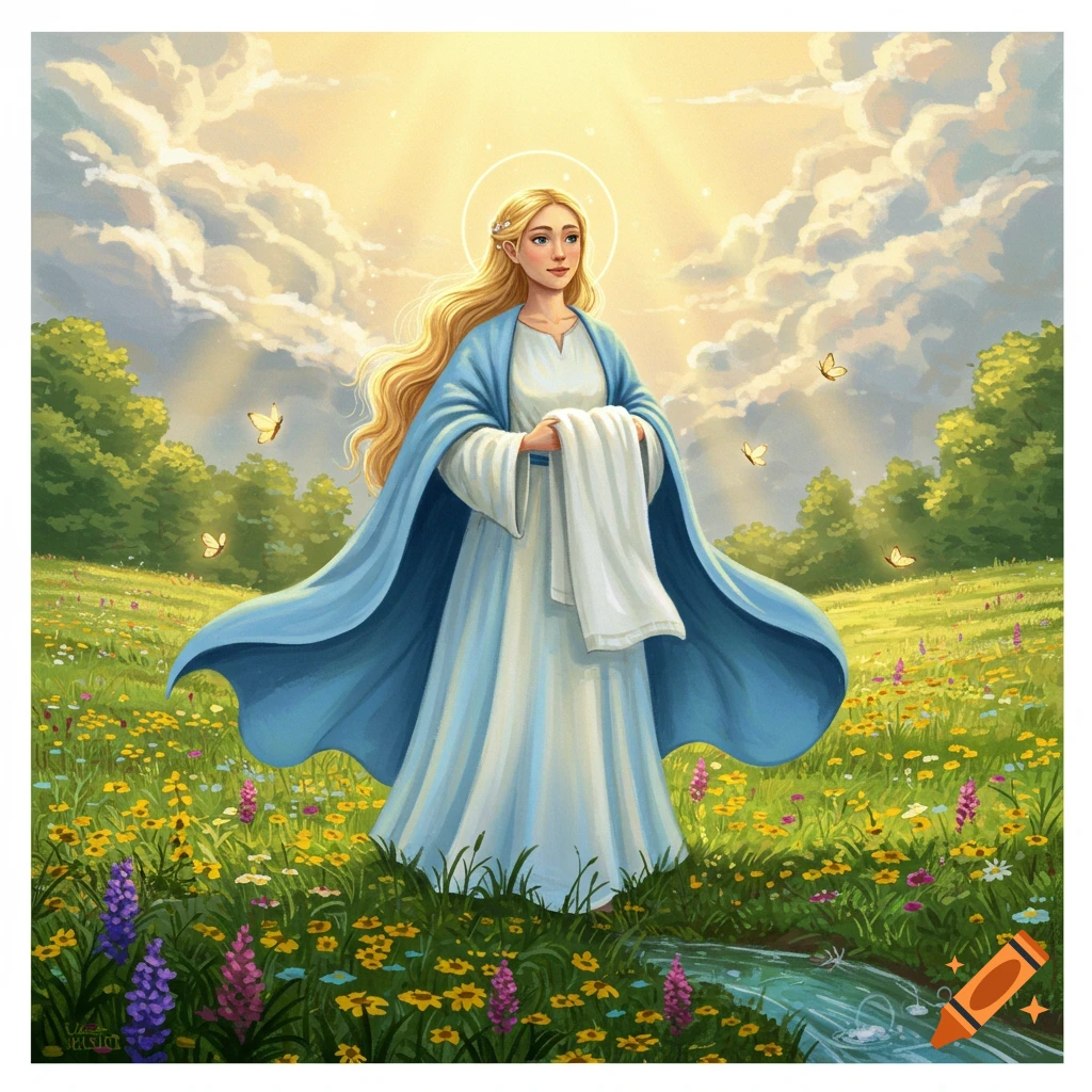 A serene, fair-haired woman with a halo, wearing blue and white robes, stands in a sunny wildflower meadow, holding white cloth. Digital painting.