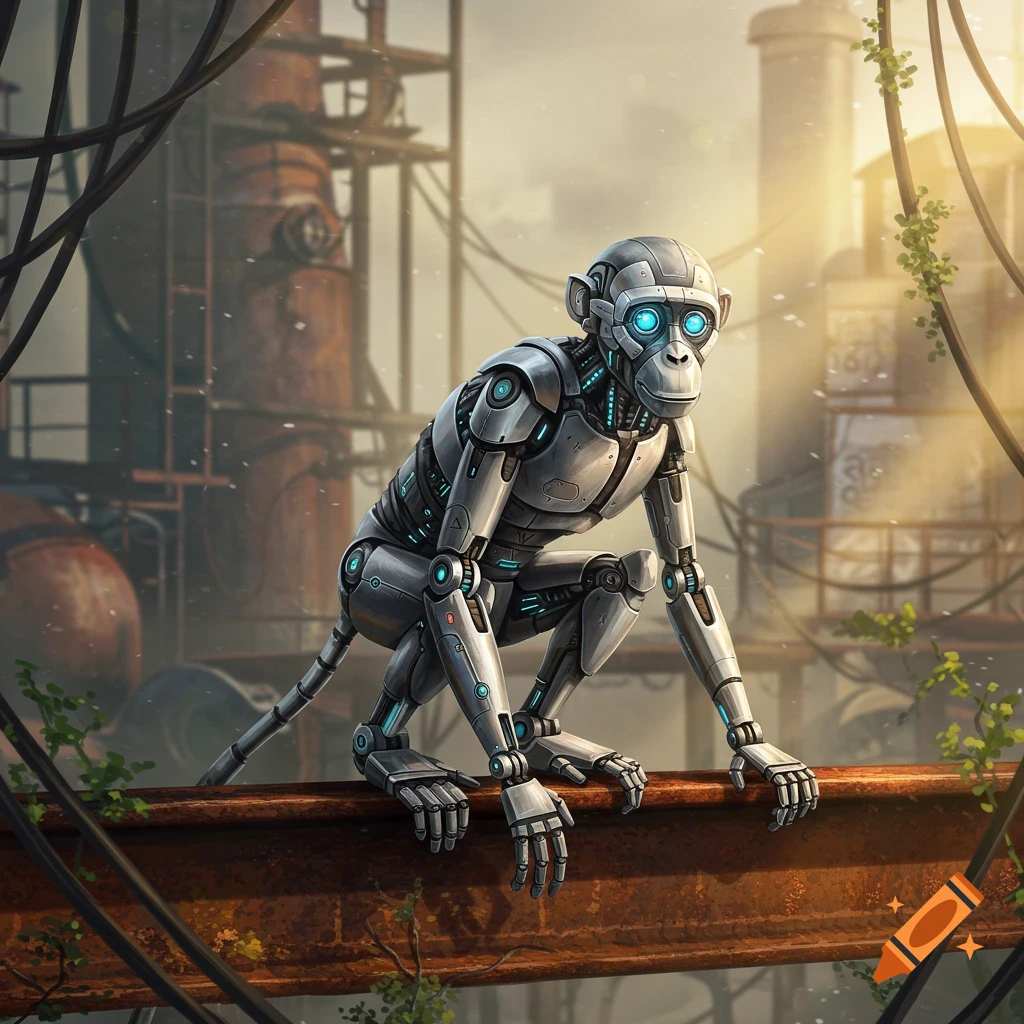 A detailed robot monkey with glowing blue eyes crouches on a rusted beam in a decaying industrial setting.