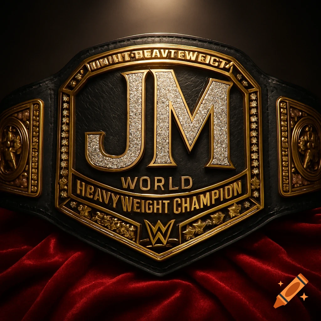A close-up shot of a luxurious black and gold WWE style championship belt with diamond-encrusted letters 'JM', resting on red velvet.