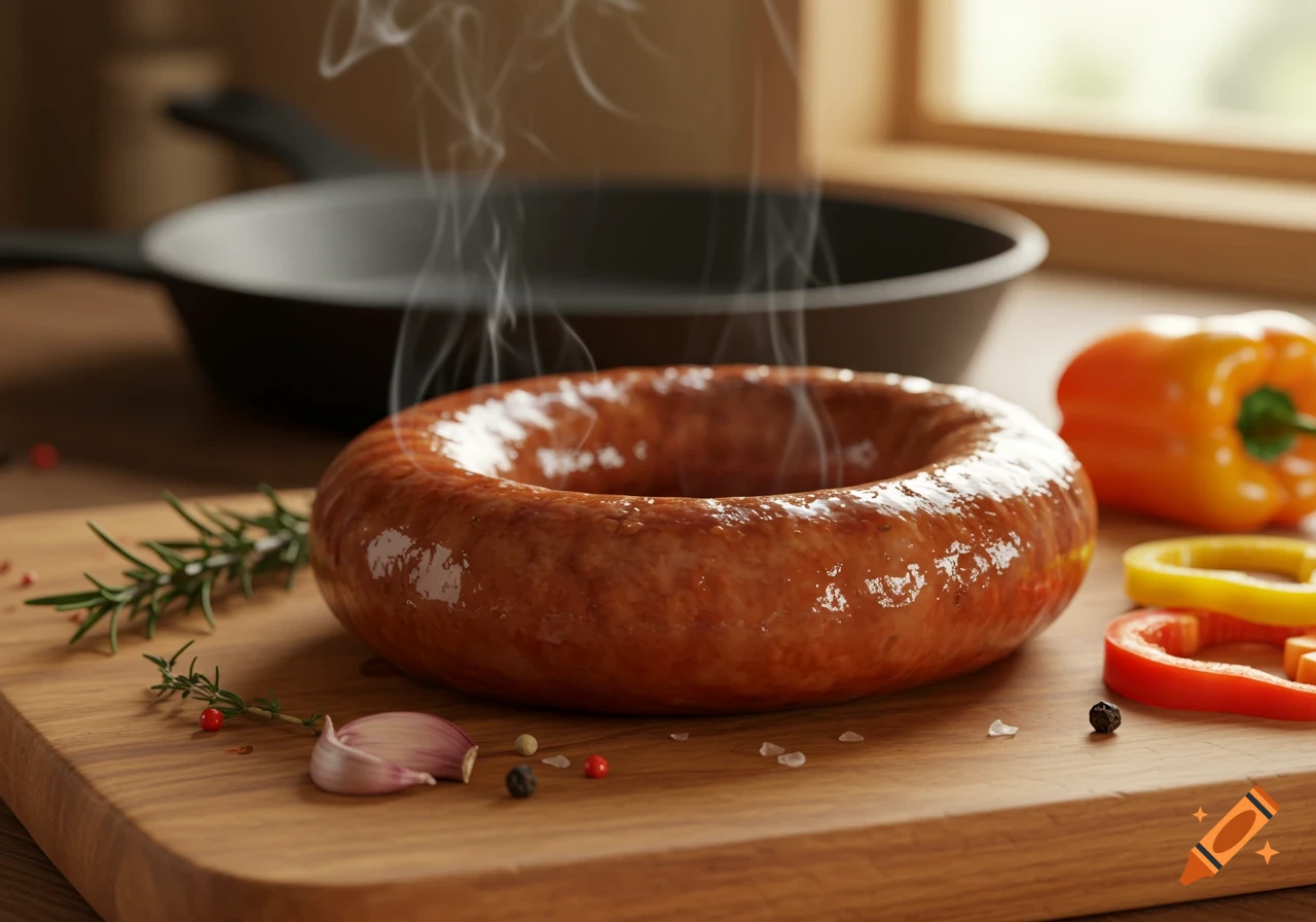 Steaming loop of sausage on a wooden cutting board with rosemary, garlic, bell peppers, and a pan in a kitchen.