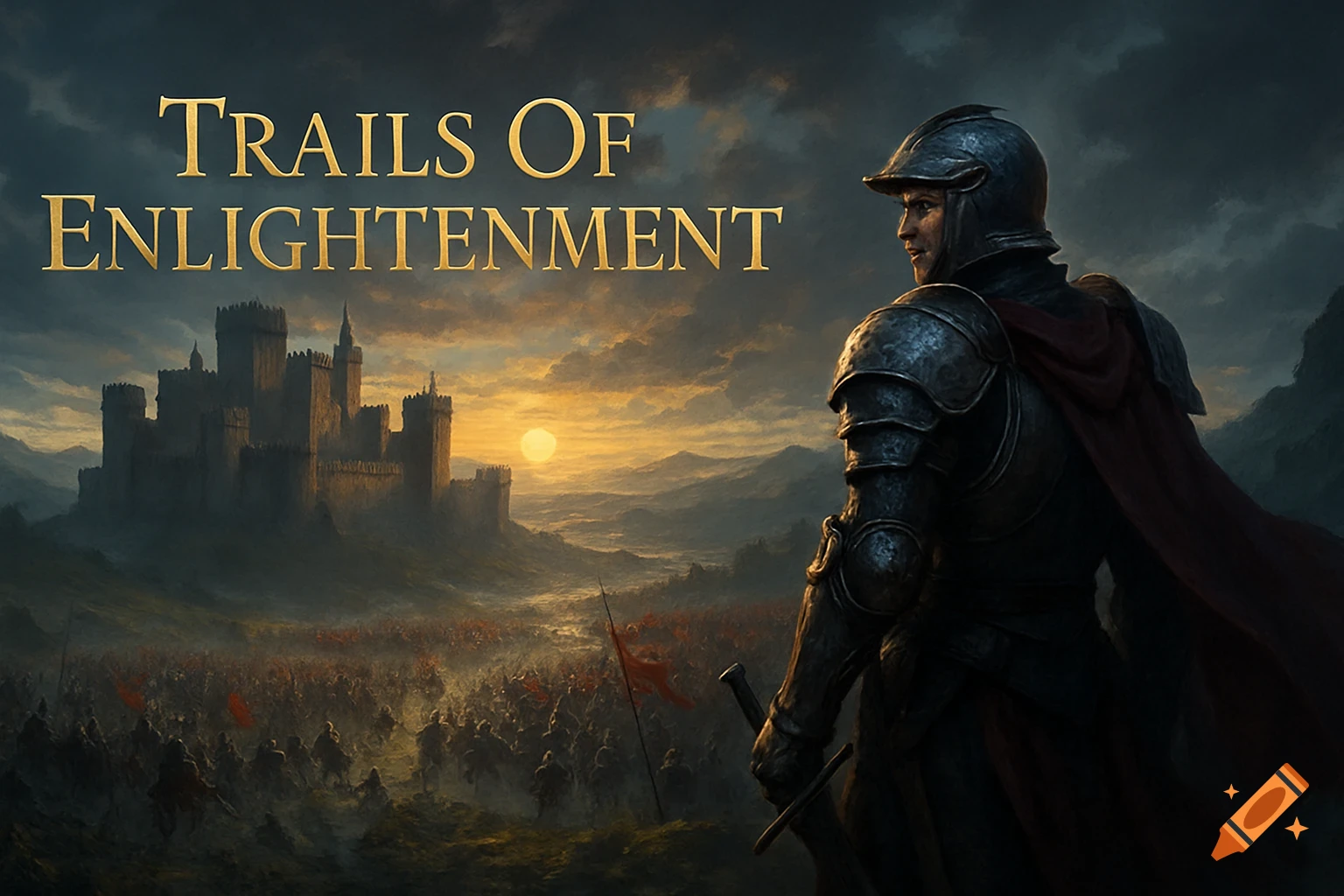 A knight in armor overlooks a misty battlefield and castle at sunset, with text 'Trails Of Enlightenment'.