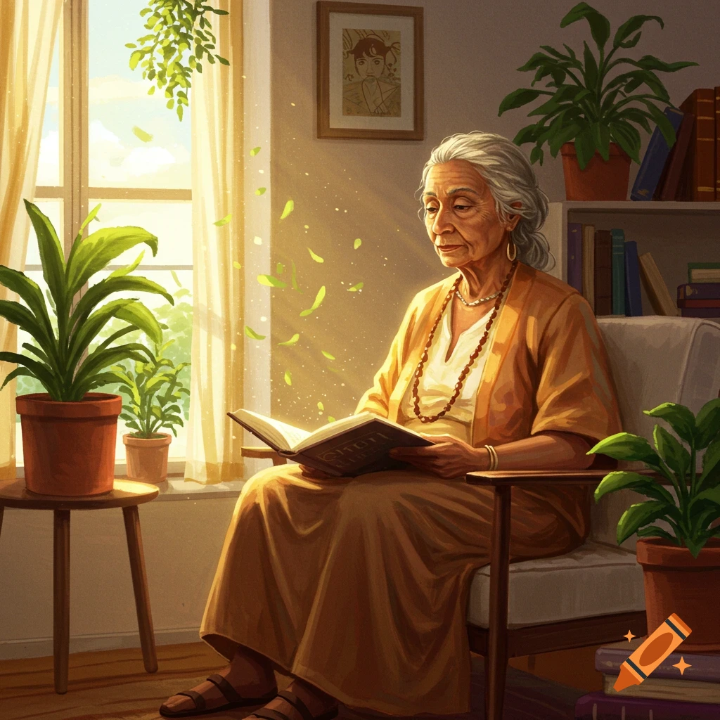 A serene elderly woman with gray hair sits in a sunlit room, reading a book, surrounded by plants.