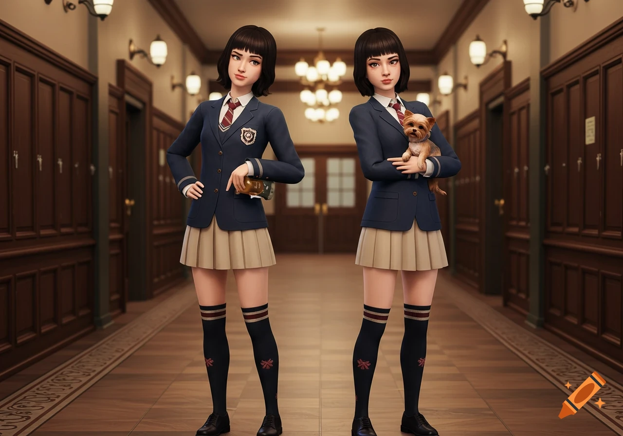 Two stylized 3D twin girls in school uniforms stand in a hallway; one holds a small dog.