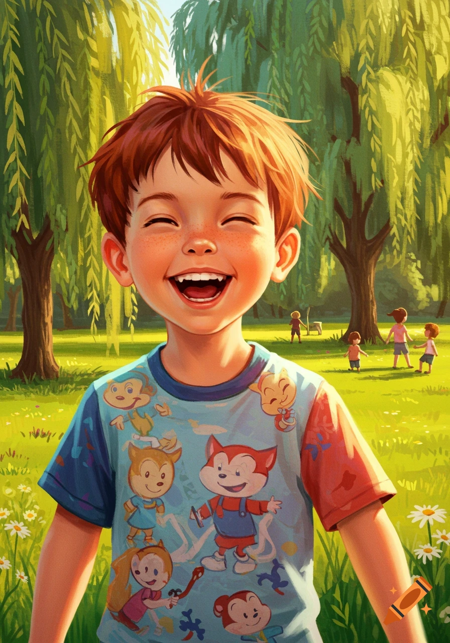 A happy boy with red hair and freckles laughs joyfully in a sunny park with willow trees, wearing a cartoon t-shirt.