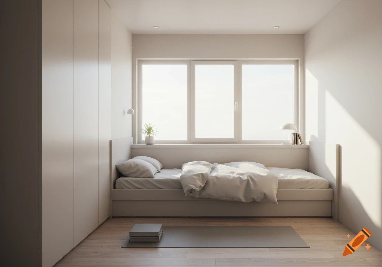 A bright, minimalist bedroom with a bed under a large window, a wardrobe, and wooden floors.