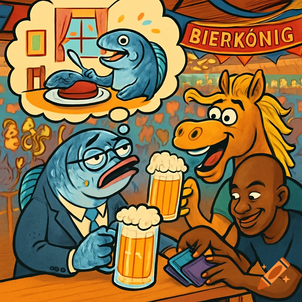 Cartoon of a sad fish-man, a joyful horse-man, and a man playing cards at a bar. A thought bubble shows a fish eating steak.