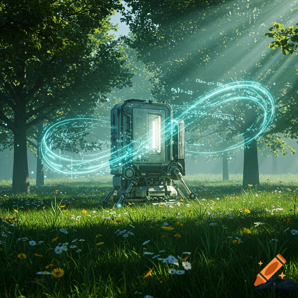 A glowing futuristic machine stands in a sunlit forest clearing filled with green grass and wildflowers, surrounded by a swirling light trail of garbled mathematical equations.