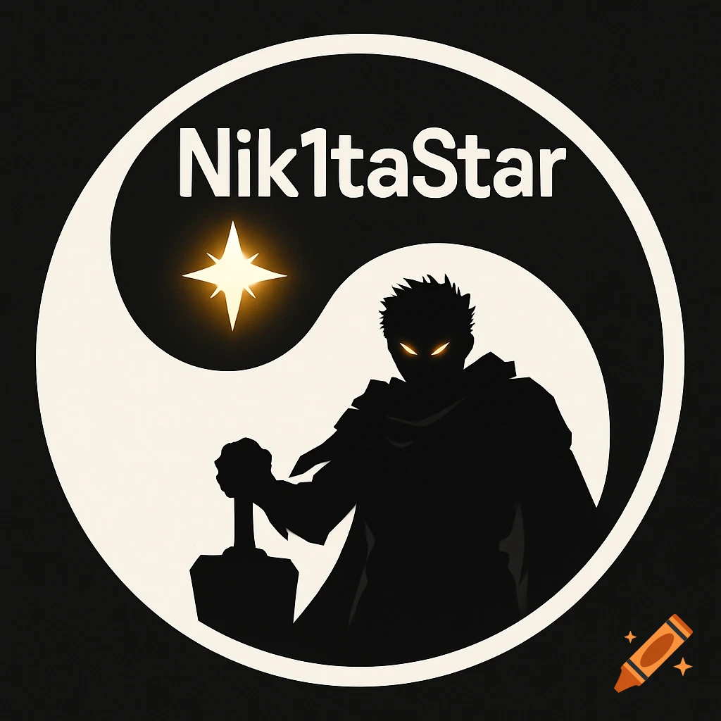 Minimalist logo featuring a black warrior silhouette with glowing eyes and a sword, a glowing star, and the text 'Nik1taStar' within a yin-yang symbol.