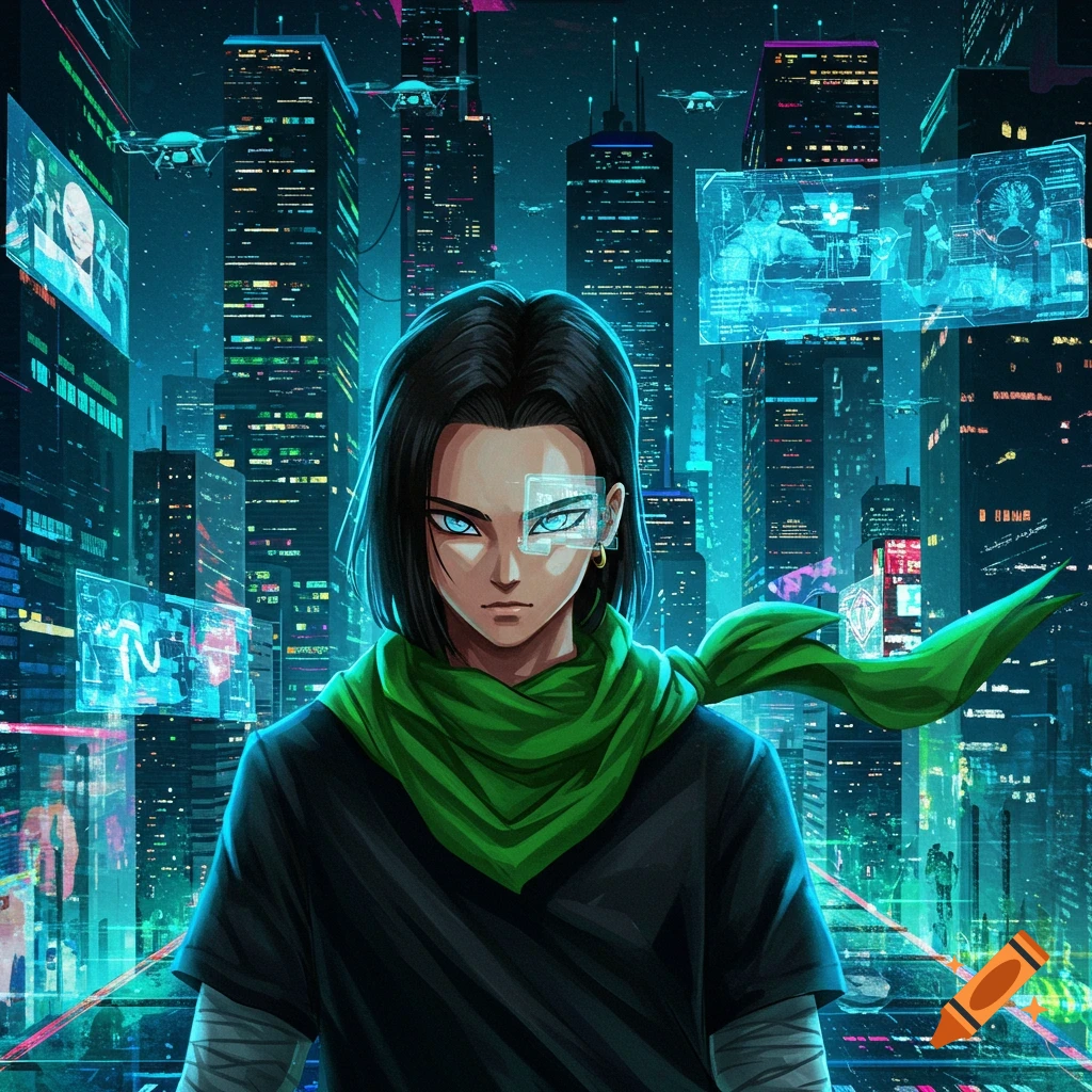 An anime character, Android 17, with dark hair and bright blue eyes, wears a black shirt and green scarf in a glowing cyberpunk city.