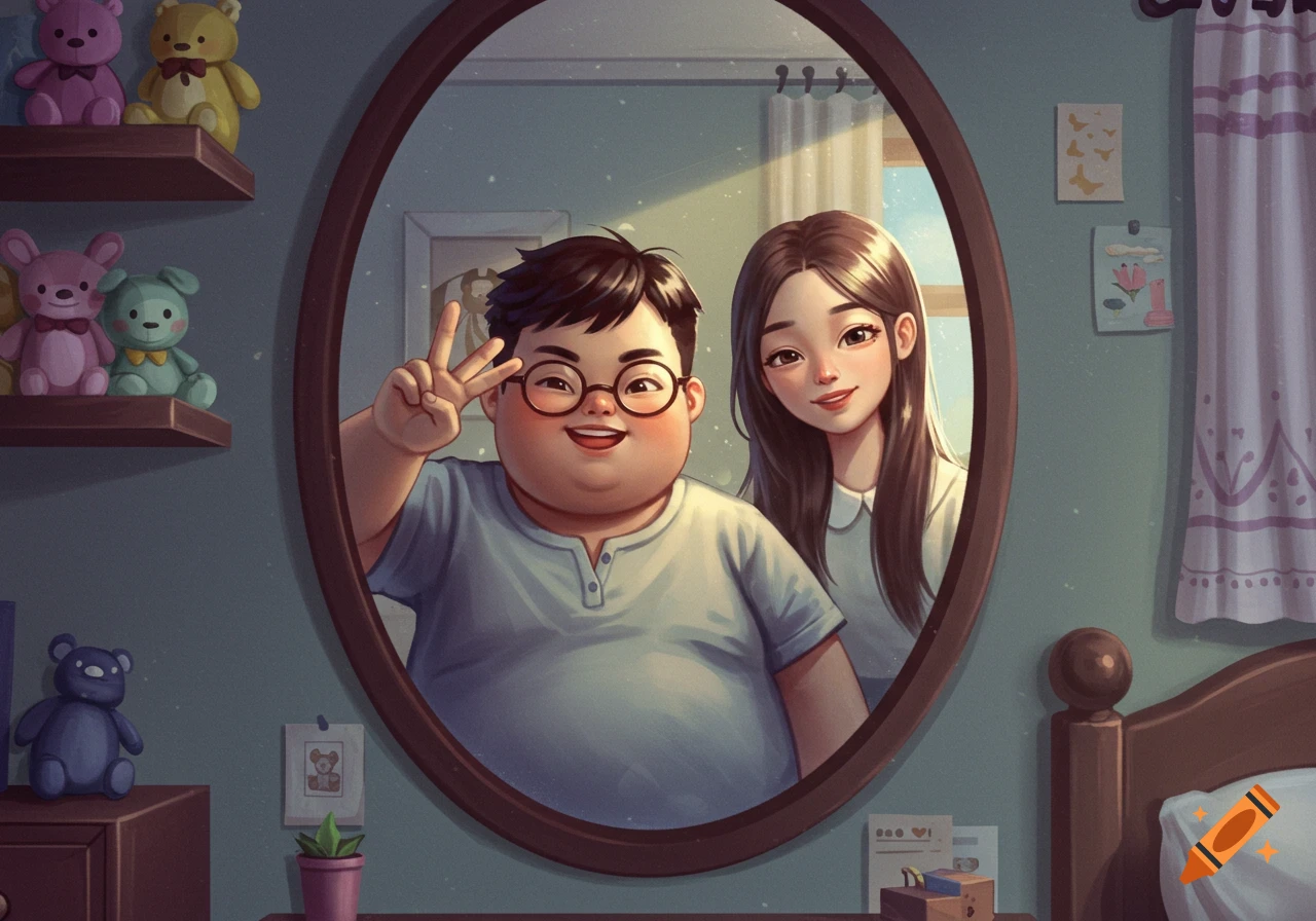 Cartoon illustration of a chubby boy with glasses making a peace sign in a mirror, a girl smiling behind him in a cozy bedroom.