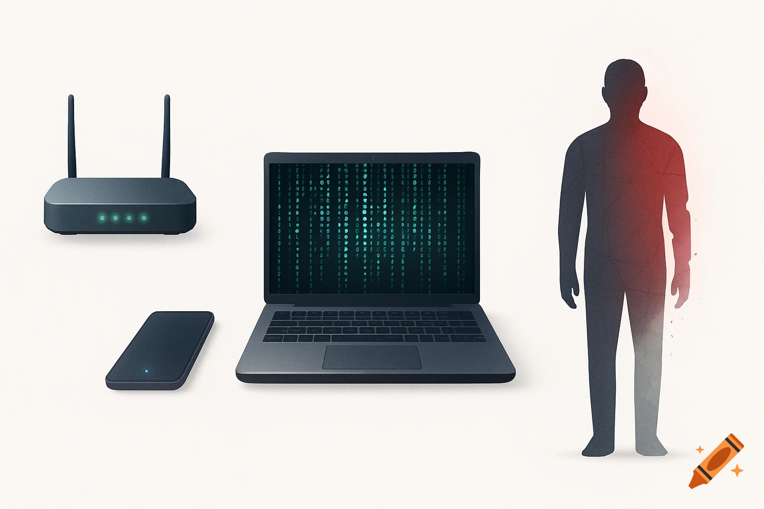 A stylized illustration of a router, a laptop with Matrix code, a smartphone, and a human silhouette, symbolizing cybersecurity.