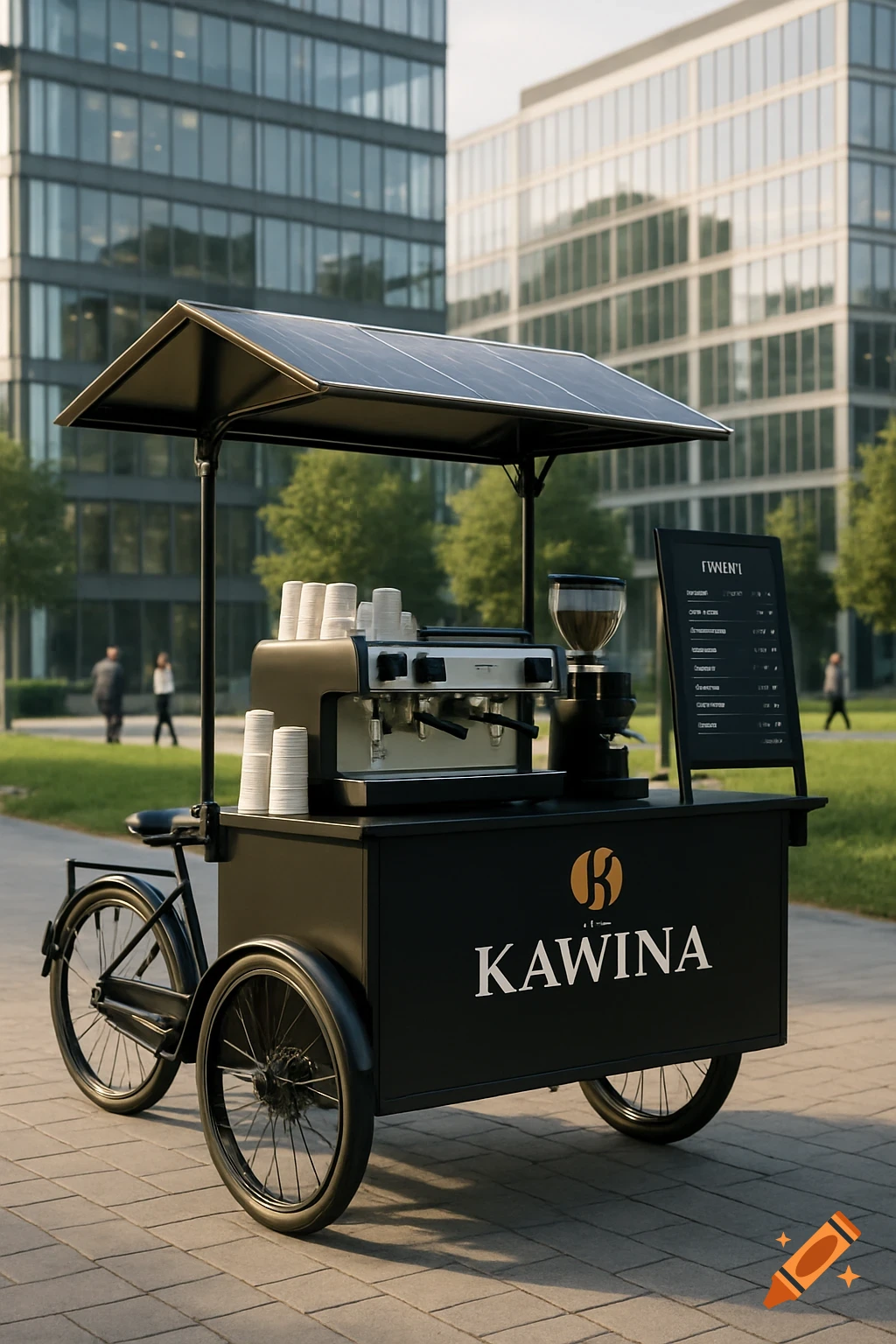 A black coffee bike with a solar-paneled roof and 'KAWINA' logo, an espresso machine, and a menu board, parked on a paved path in front of modern glass buildings and trees under morning light.