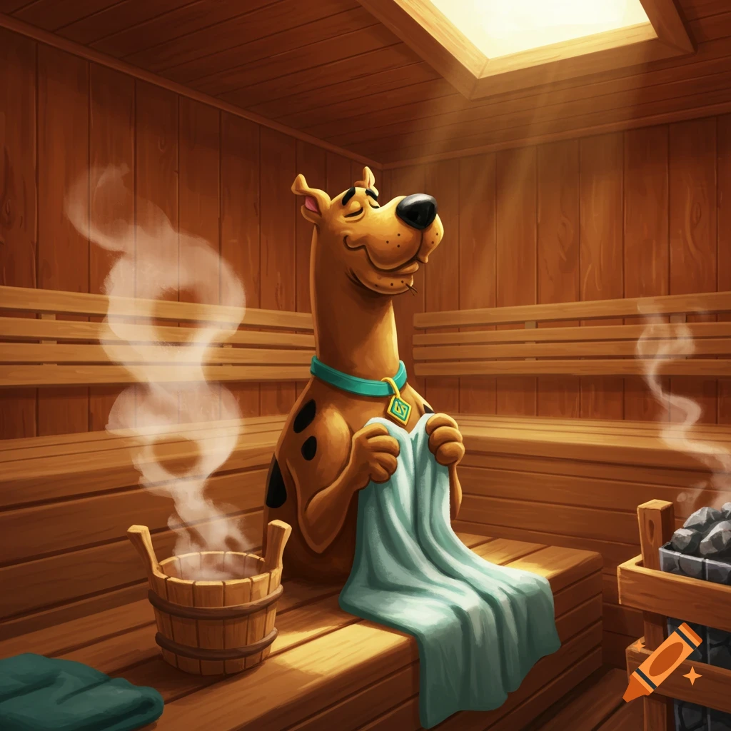 Cartoon character Scooby-Doo relaxing in a wooden sauna, holding a towel and smiling with closed eyes as steam rises.