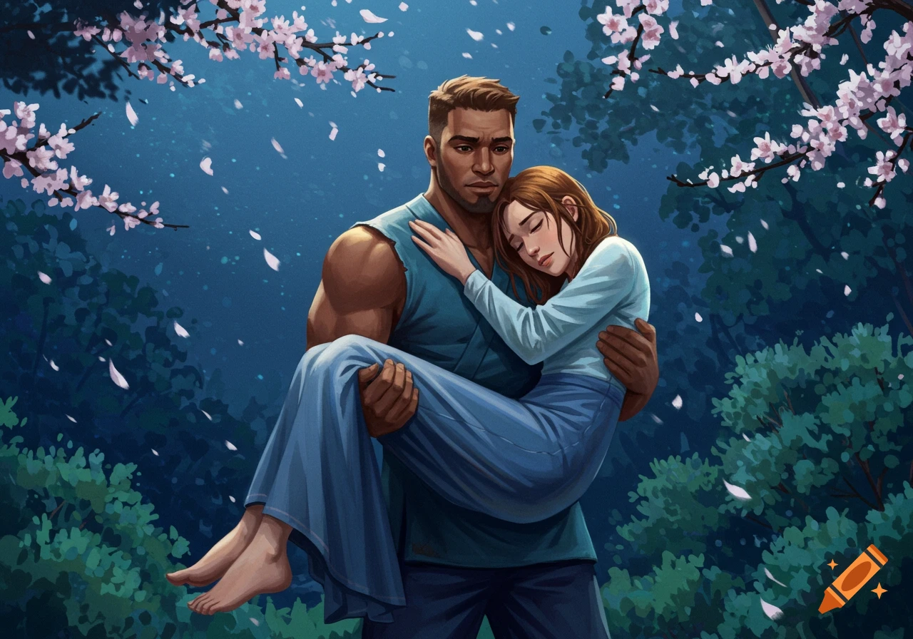 An illustrated man with a serious expression carries a woman cradled in his arms, surrounded by a dark forest with falling pink cherry blossom petals.