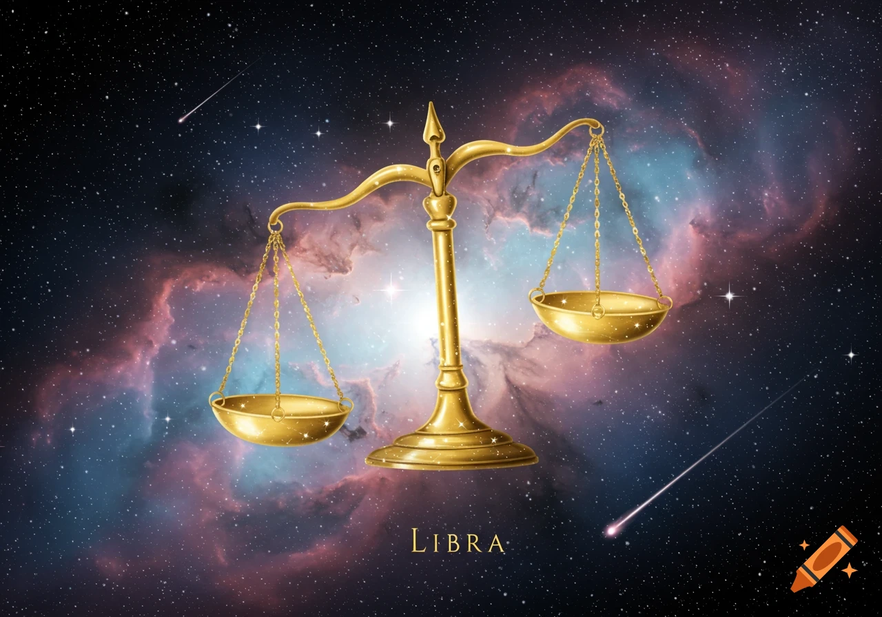 Golden scales symbol against a colorful cosmic nebula with stars and meteors. The word LIBRA is at the bottom.