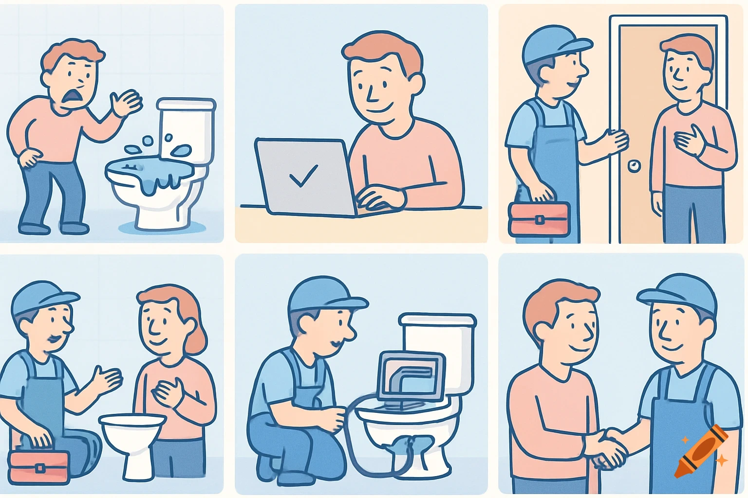 A six-panel cartoon shows a person frustrated with a leaking toilet, then hiring a plumber online. The plumber inspects the toilet with a camera and laptop, and then shakes hands with the happy customer, problem solved.