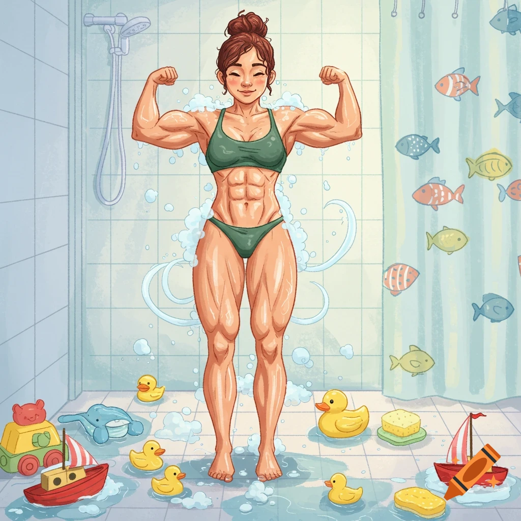 A muscular woman in a green bikini flexes in a cartoon shower filled with rubber duckies and bath toys.