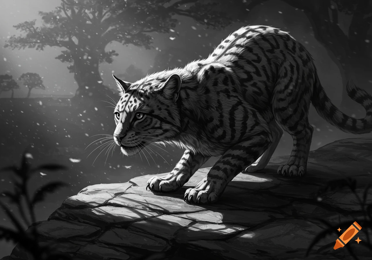A black and white illustration of a striped feline in a predatory crouch on a rocky ledge, with a dark, snowy forest in the background.