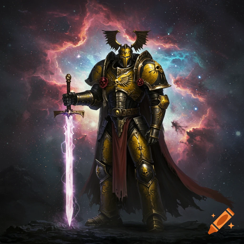 A heavily armored warrior in gold and black armor, with a winged helmet, holding a glowing purple sword against a cosmic nebula.