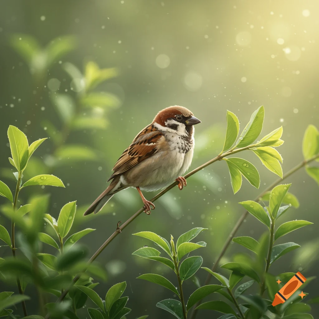 A photorealistic house sparrow perched on a leafy branch in soft, sunlit green foliage.