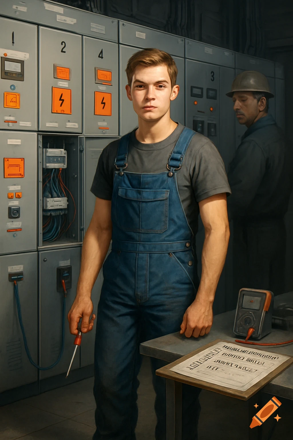 A young male electrician apprentice in overalls holds a screwdriver in front of electrical panels, an older instructor stands in the background. Photorealistic style.