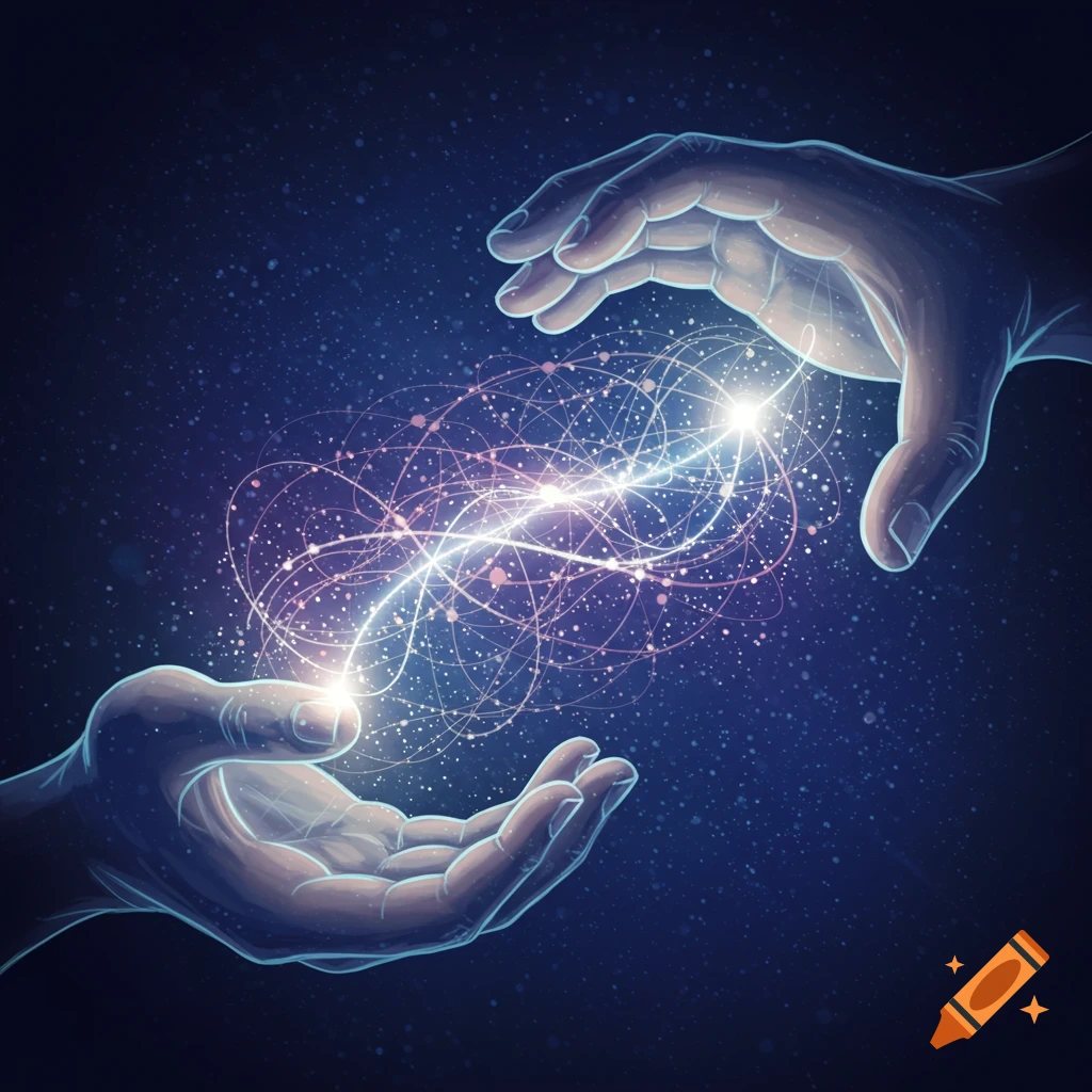 Two hands interact with a glowing, intricate network of lines and dots against a dark, starry background, in an illustrative style.
