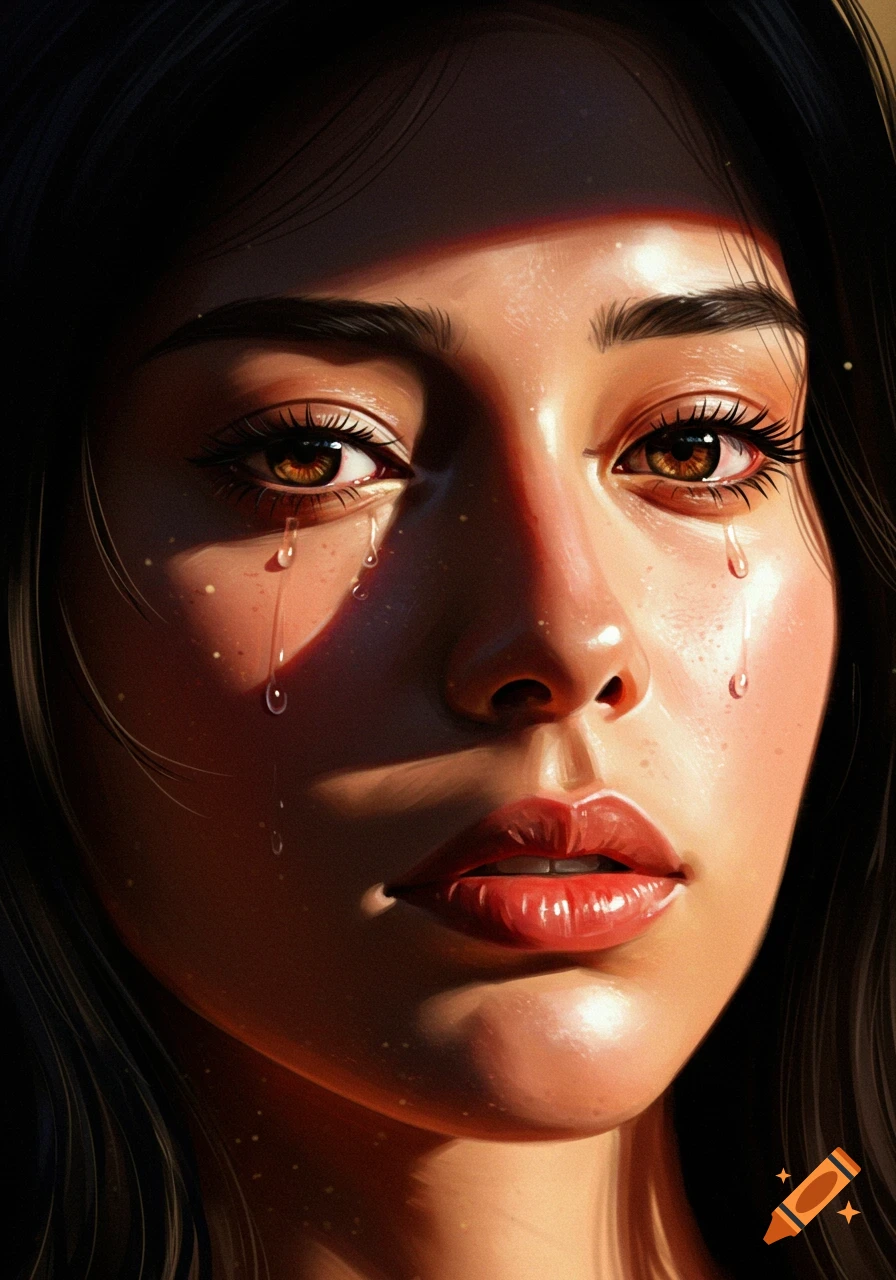Close-up digital painting of a woman's face with tears, dramatic lighting, conveying intense emotion.