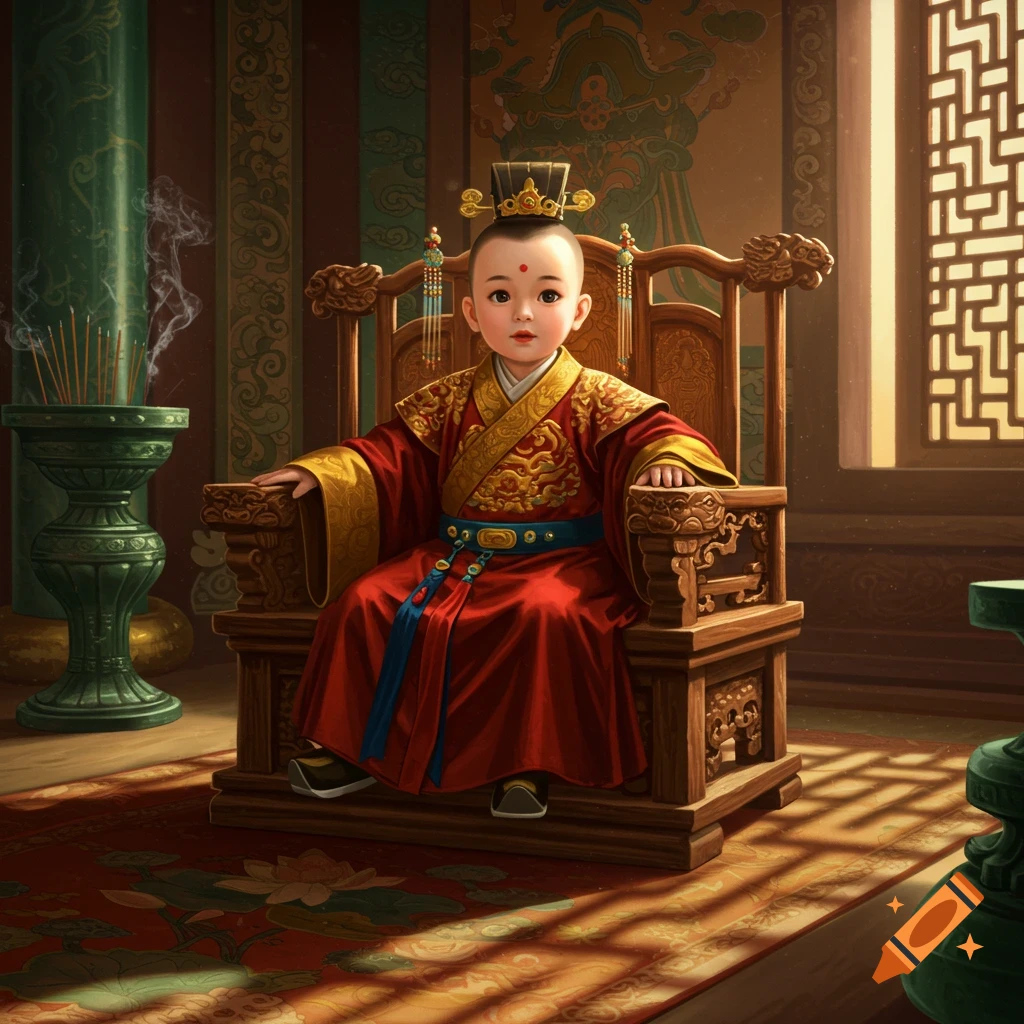 A young child in ornate red and gold Chinese imperial robes sits on a wooden throne in a richly decorated room with an incense burner.