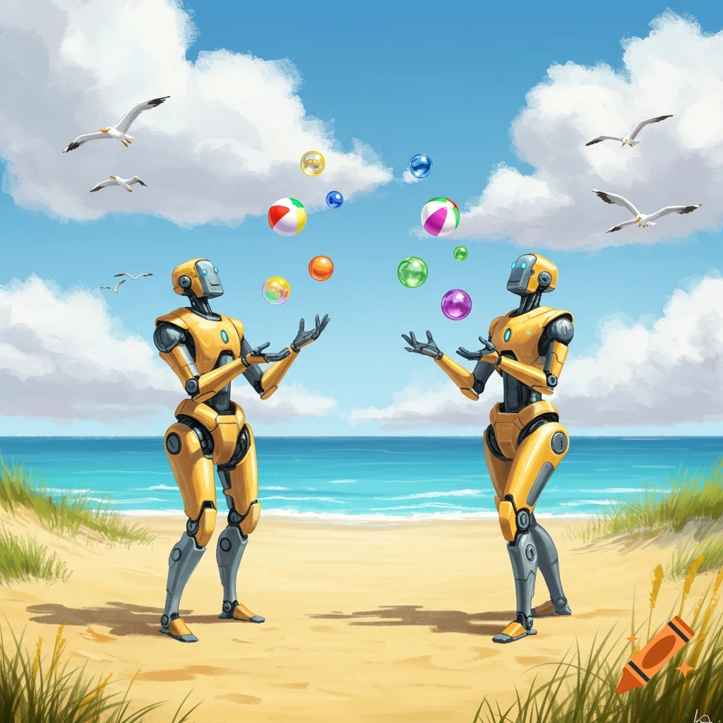 Two yellow robots juggle colorful balls on a sandy beach, with the ocean and seagulls in the background under a blue sky. Painterly art style.