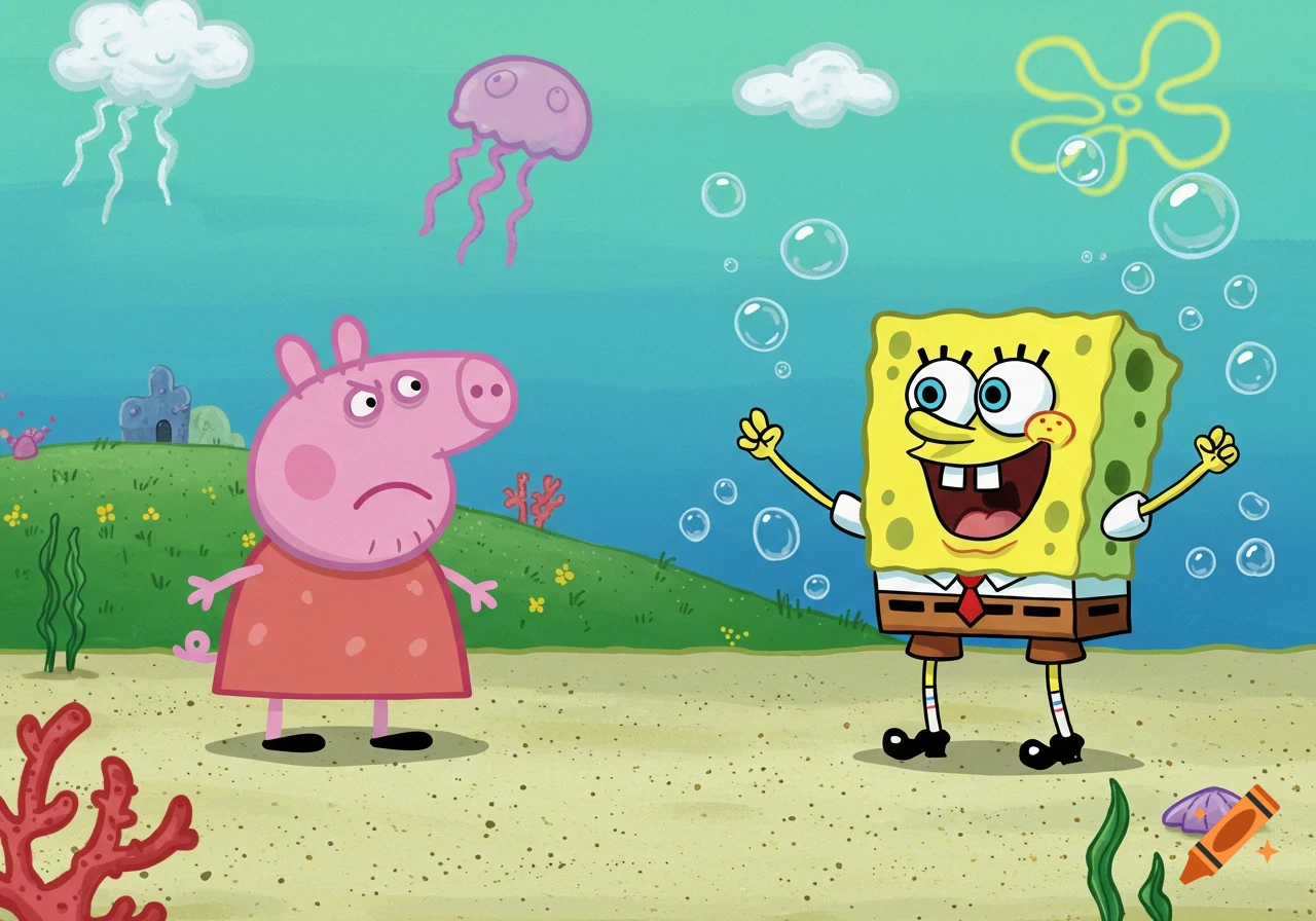 Cartoon of an angry Peppa Pig facing a happy SpongeBob SquarePants in an underwater scene with bubbles, coral, and jellyfish.