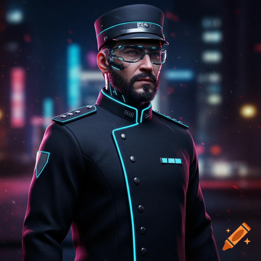 A man in a futuristic black uniform with neon blue glowing accents and sci-fi glasses stands against a blurred neon city background.