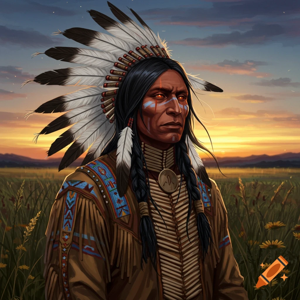 Digital painting of a Native American man with a feather headdress, face paint, and glowing eyes in a field at sunset.