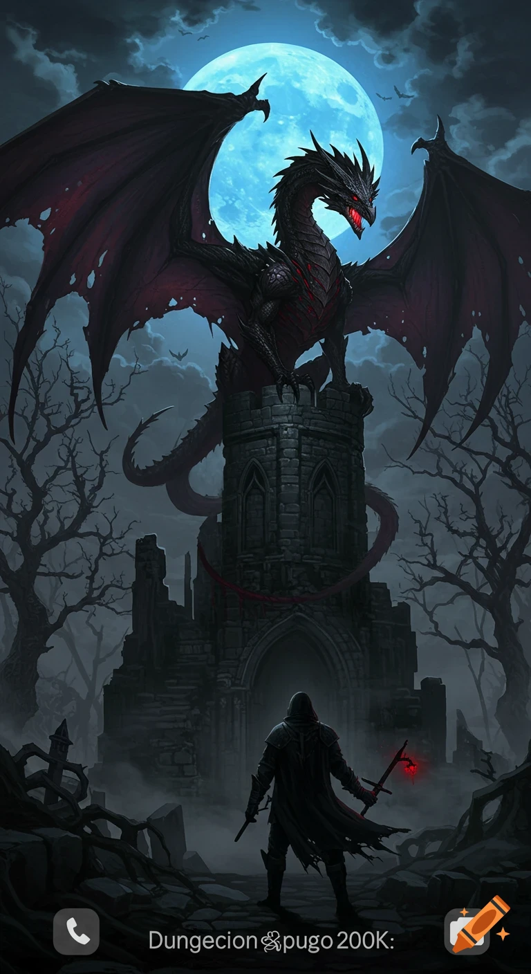 A dark fantasy scene with a menacing black dragon perched on a ruined tower under a bright full moon, a cloaked warrior stands below. Gothic style.