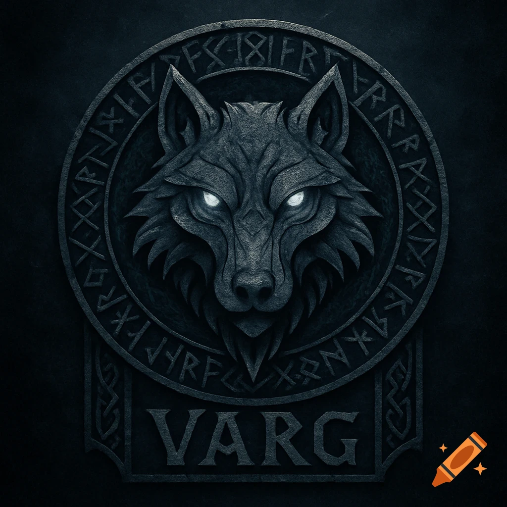 A dark, stylized stone Viking emblem featuring a wolf's head with glowing eyes, surrounded by runes, and the word 'VARG' carved below.