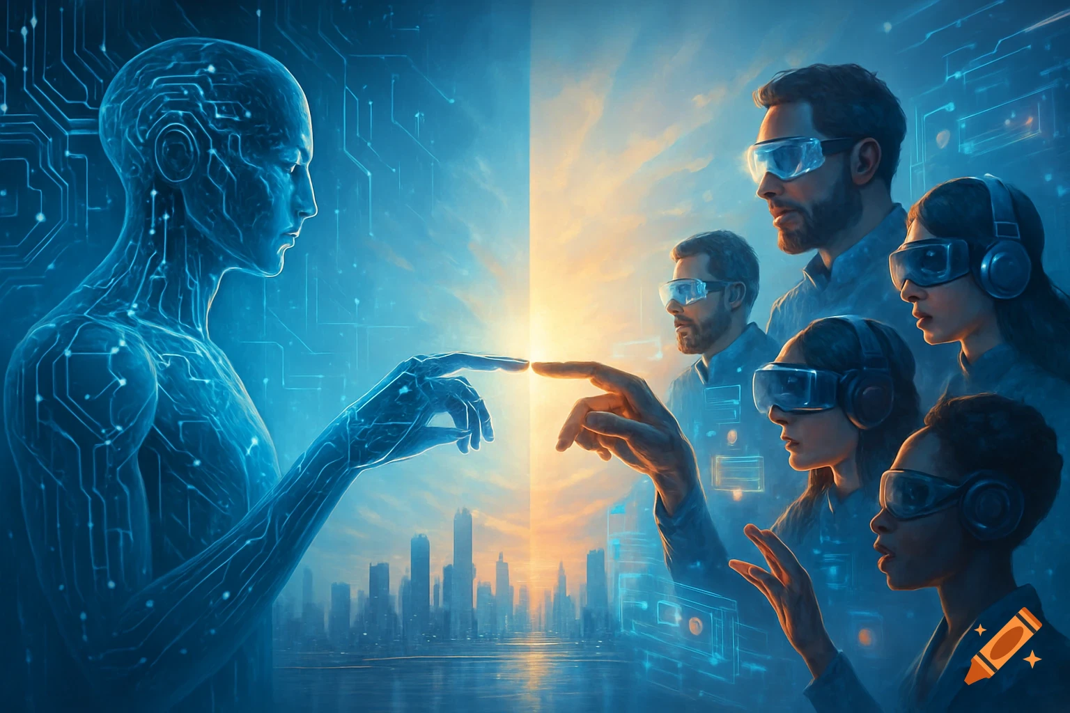 A conceptual image of a glowing blue AI figure touching fingers with a human in futuristic goggles, divided by light over a city.