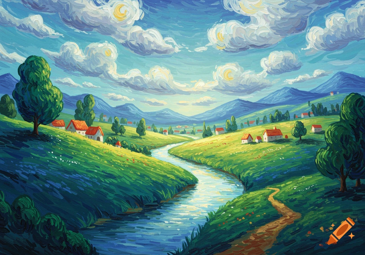 A vibrant Van Gogh style painting of a pastoral landscape with a winding river, green hills, small houses, and trees under a blue sky.