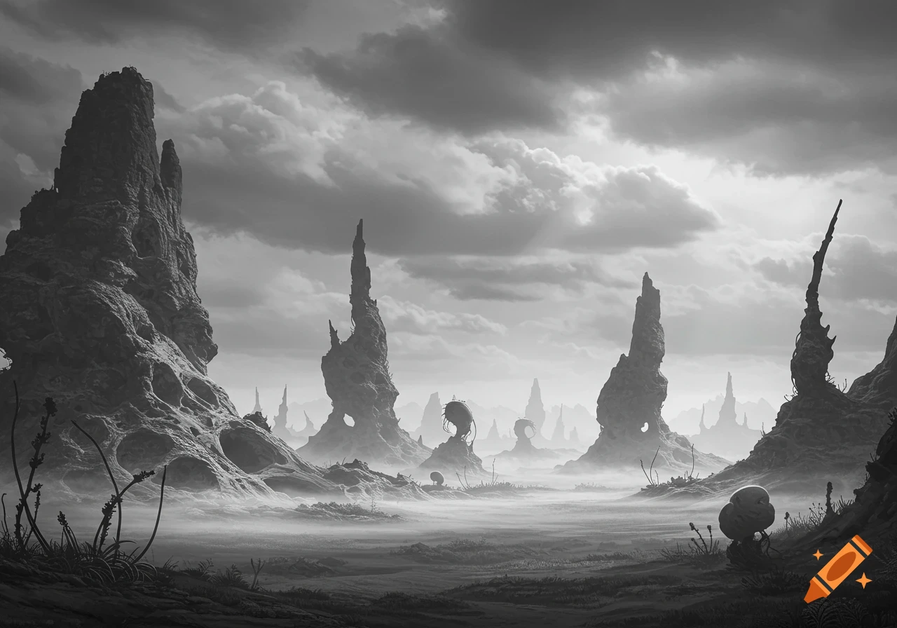A stark grayscale imaginary landscape featuring towering, eroded rock formations, a misty valley, and a dramatic cloudy sky.