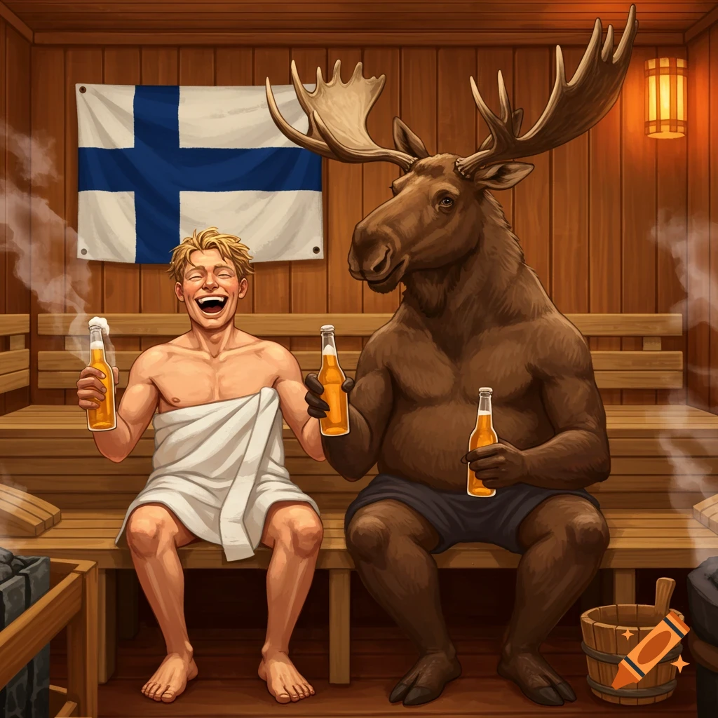 A laughing Finnish man in a towel and a moose in shorts sit in a sauna, holding beer bottles, with a Finnish flag on the wall.