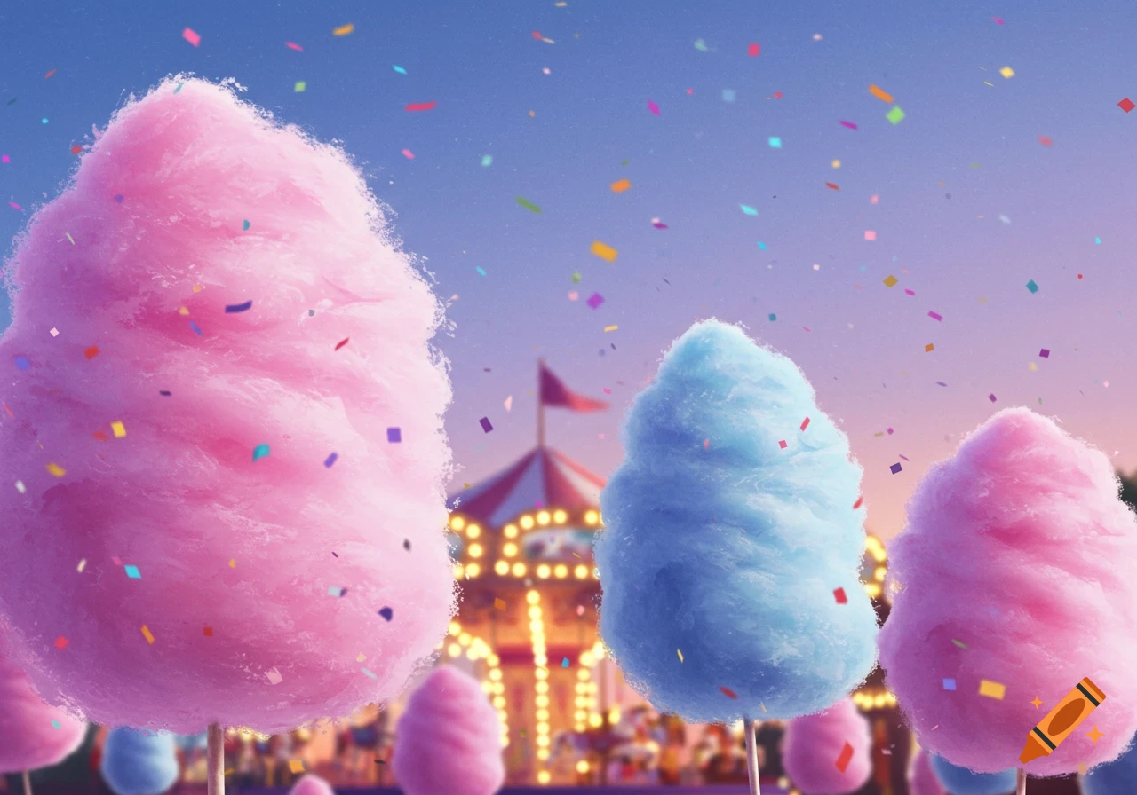 Vibrant pink and blue cotton candy with colorful confetti falling, against a blurred carnival background with a carousel.