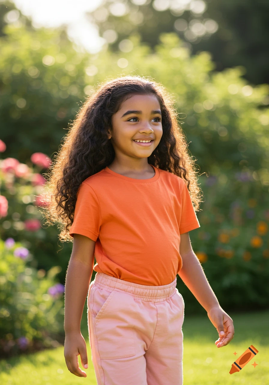 A smiling young girl with long curly hair, wearing an orange t-shirt and pink pants, stands in a sunny garden.