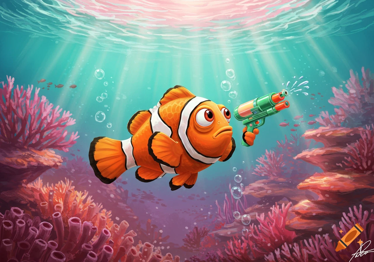 A cartoon clownfish with an angry expression holds a green and orange toy water gun underwater amidst vibrant coral and floating bubbles.