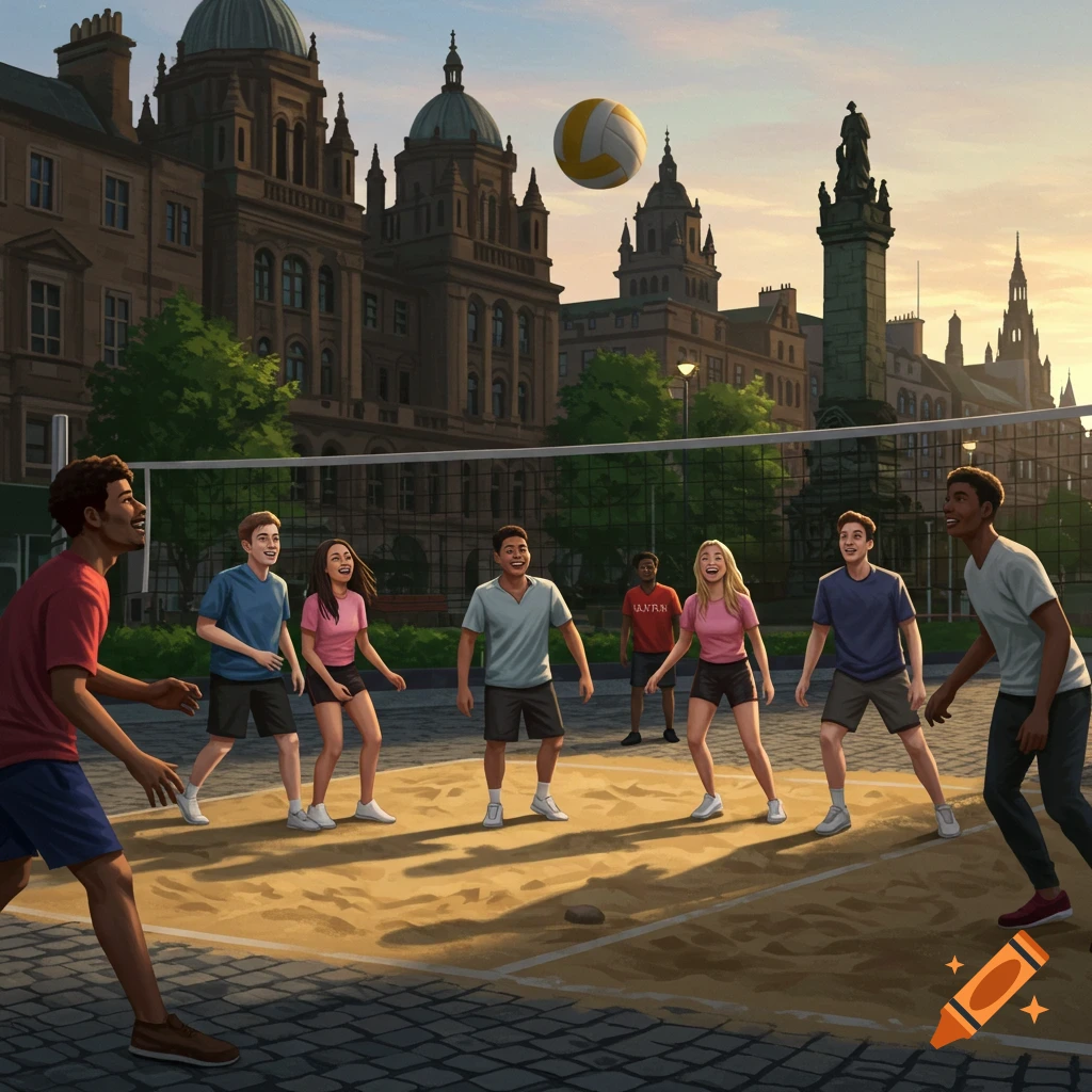 Illustrated scene of diverse friends playing volleyball on a sand court with historic city buildings in the background.