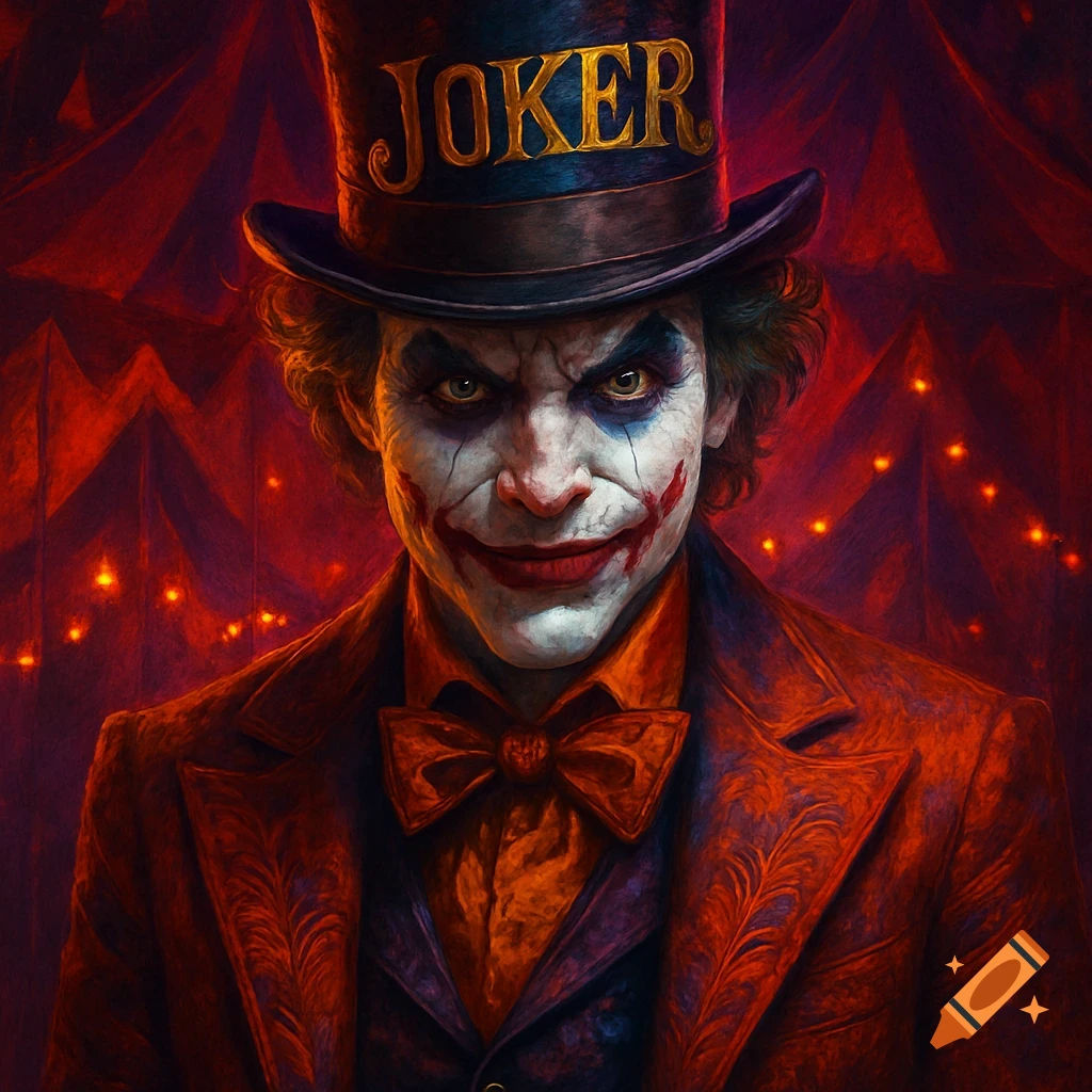 Close-up portrait of the Joker in a top hat with "JOKER" written on it, against a dark red circus tent background.