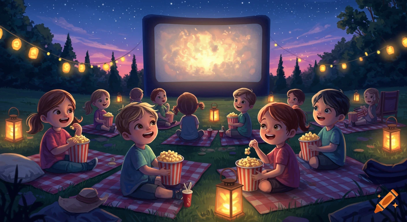 Whimsical illustration of smiling children eating popcorn at an outdoor movie night under a star-filled sky with string lights.
