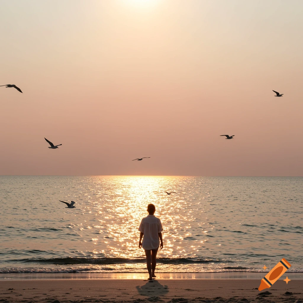 A person walks on a sandy beach towards the ocean during a golden sunset, with several birds flying overhead. Photorealistic.